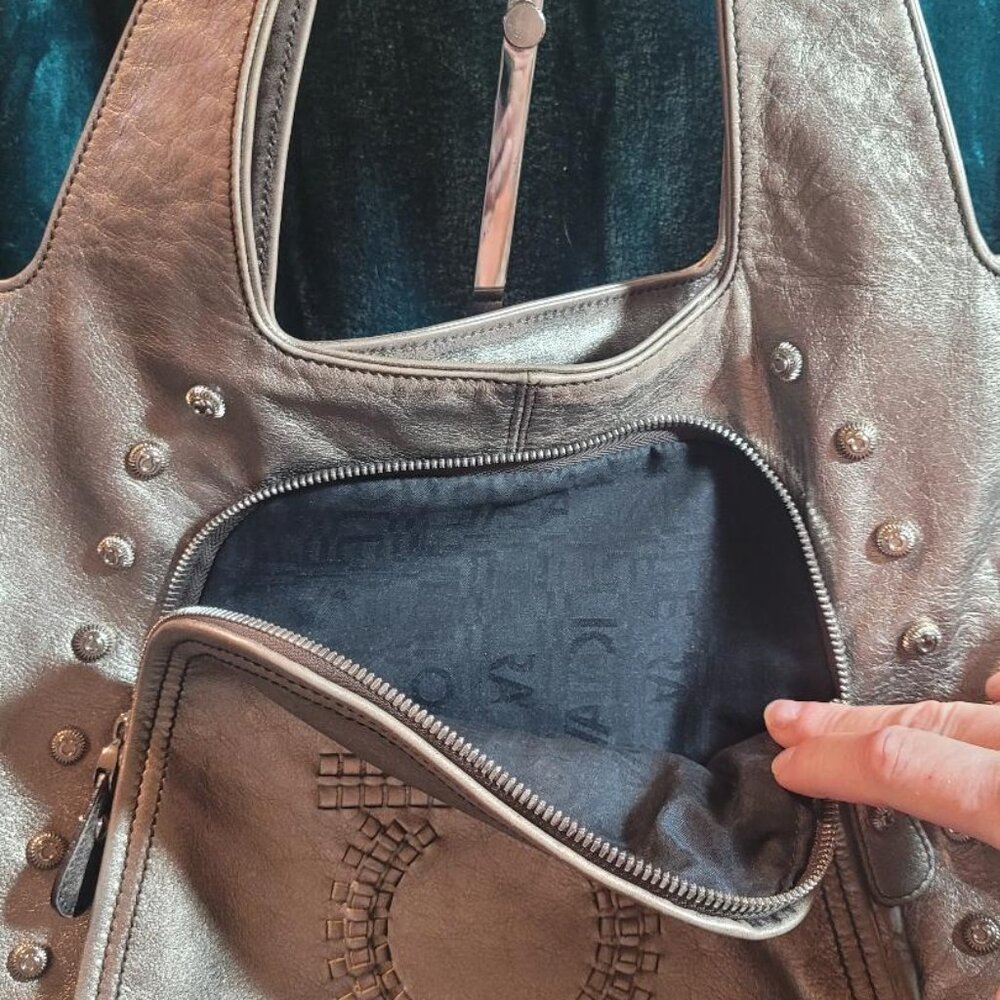 Salvatore Ferragamo-Metallic Leather UNIQUE Studded Hobo w/ Removable Strap - Picture 7 of 10